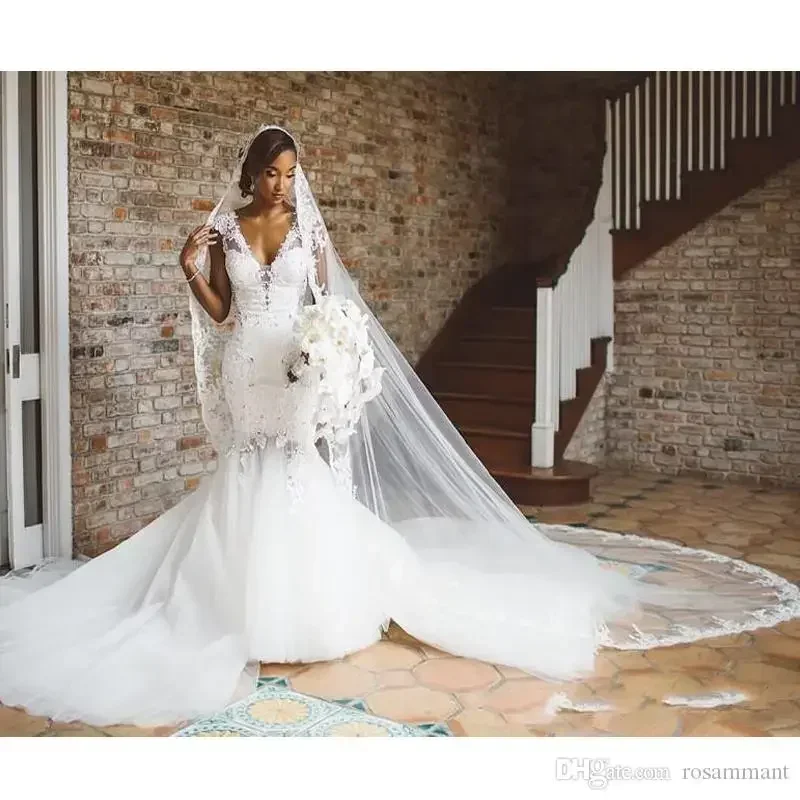 تخصيص حورية البحر الأفريقية العميق الخامس الرقبة الدانتيل زين قطار مصلى مطرز بلورات فستان الزفاف أثواب الزفاف Vestidos