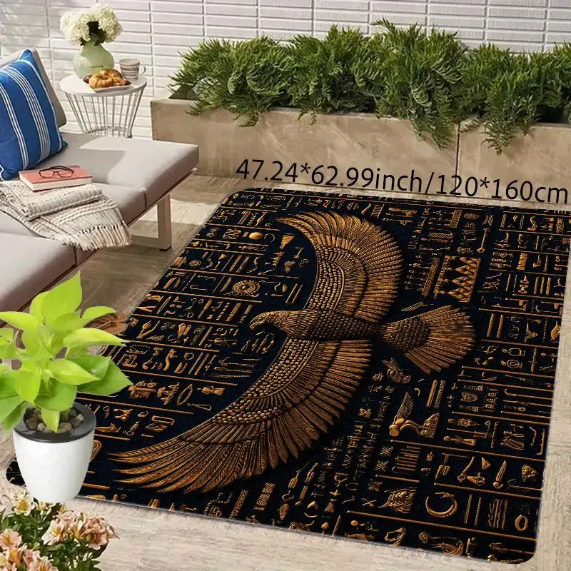 Flannel Printed Egyptian Hawk Rug Golden Hieroglyphics Design Soft Fleece Floor Mat Living Room Carpet Ancient Egypt Decor Rugs