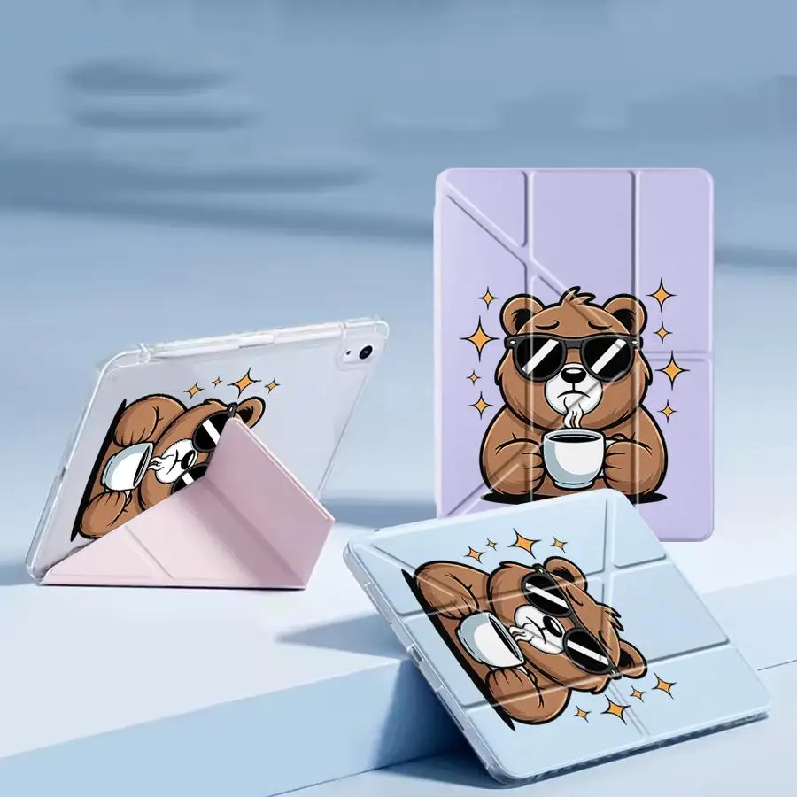 Coffee Bear Beaver Holder Cover Tablet Case For iPad Mini 6 7 Air 4 5 M3 M2 M4 11inch Pro 11th 10th 9th 8th 12 Pro 2025 Y-Fold