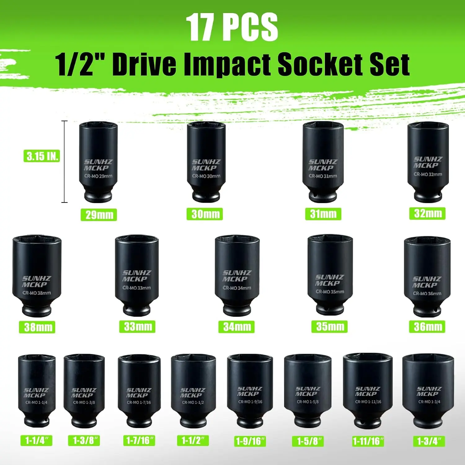 12 Drive 17 Piece Deep Impact Socket Set Spindle 6 Point Axle Nut Sockets Standard SAE 1 14 Inch to 1 34 Inch Metric 29mm 38mm L
