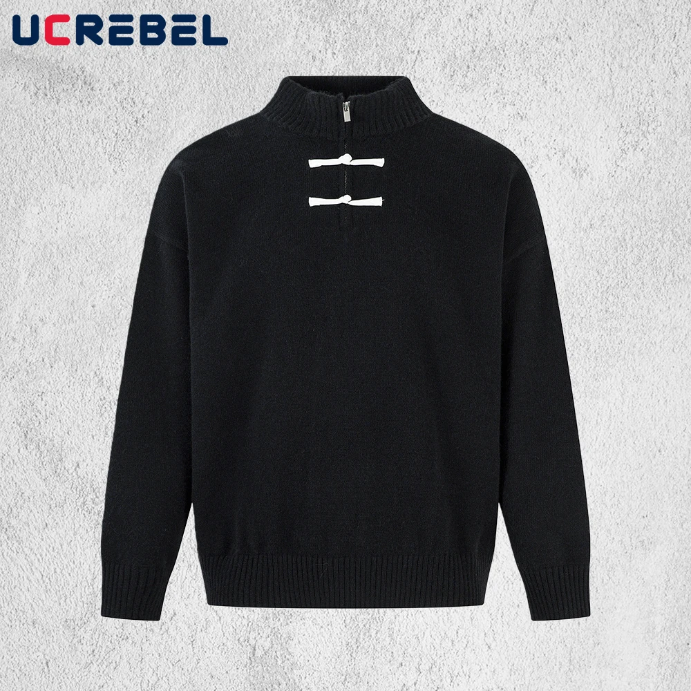 

Solid Color Half Zipper Sweater Mens Autumn Winter High Street Stand Collar Long Sleeve Knitted Pullover Man