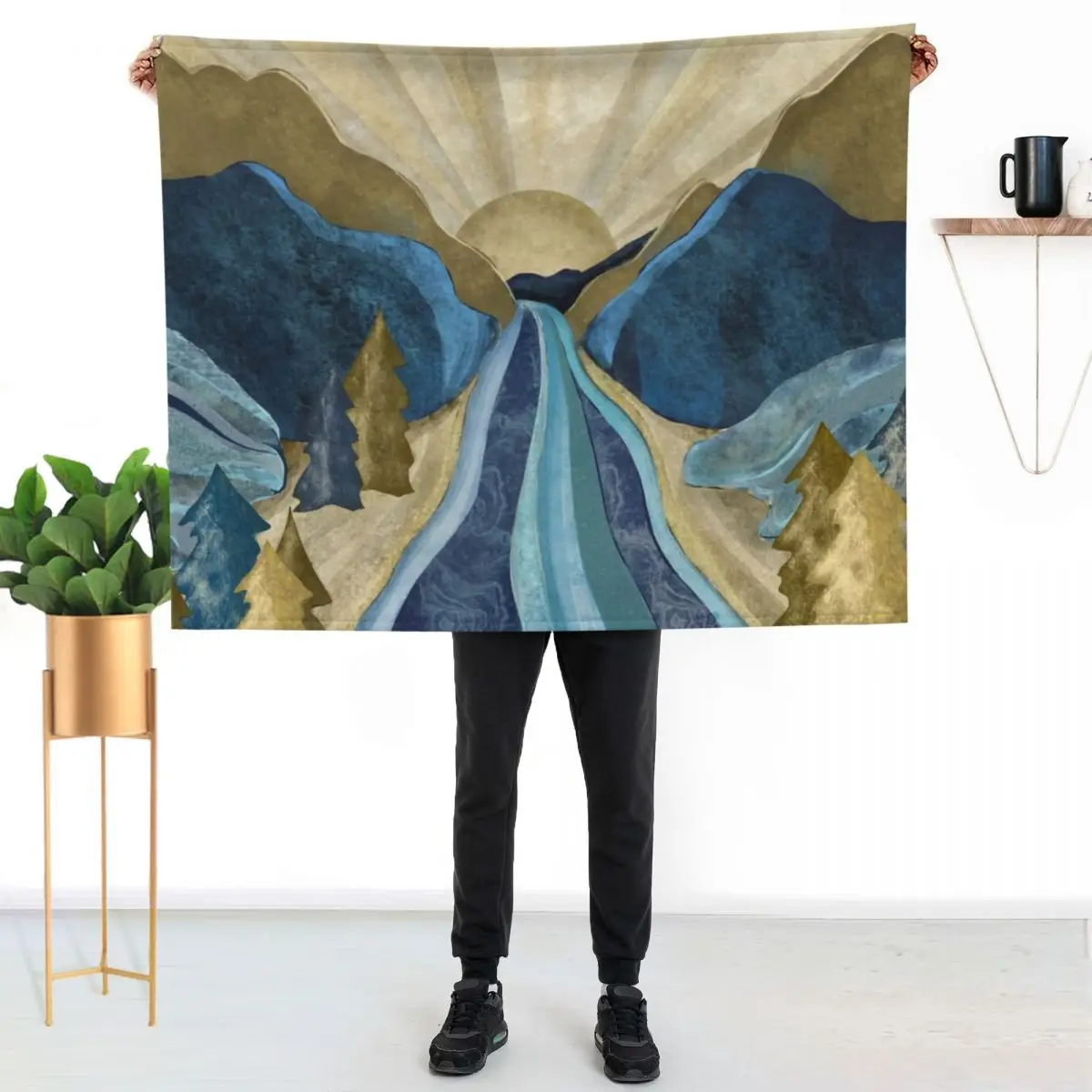 Blue gold mountain river sunrise Throw Blanket for babies heavy to sleep Hair Hairys Plaid Sofa Throw Blankets