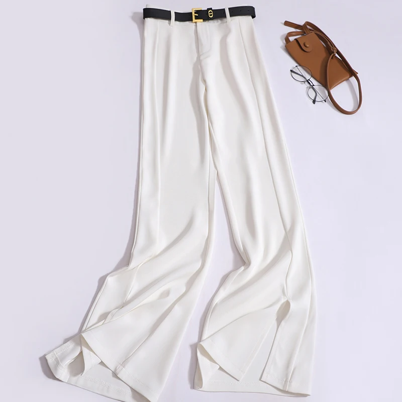 Chiffon Straight Pants Women Slit Flare Slim Trousers High-waisted Pants Elegant Casual Suit Pants with Belt