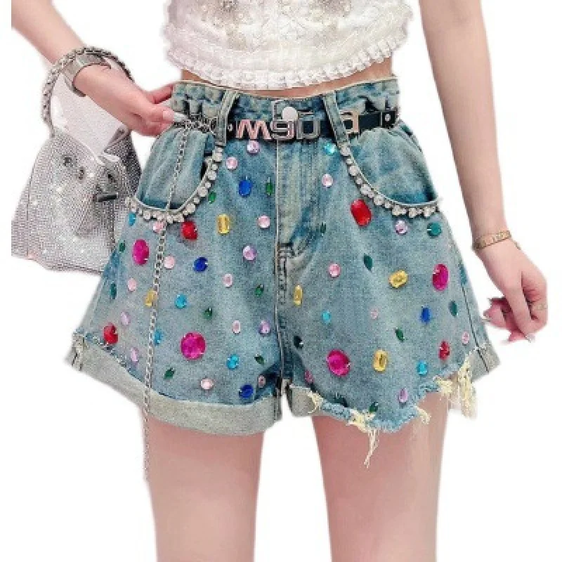 Design Sense Heavy Industry Colorful Crystals Denim Shorts for Women2024Summer New High Waist LooseaWord Wide Leg Hot Pants