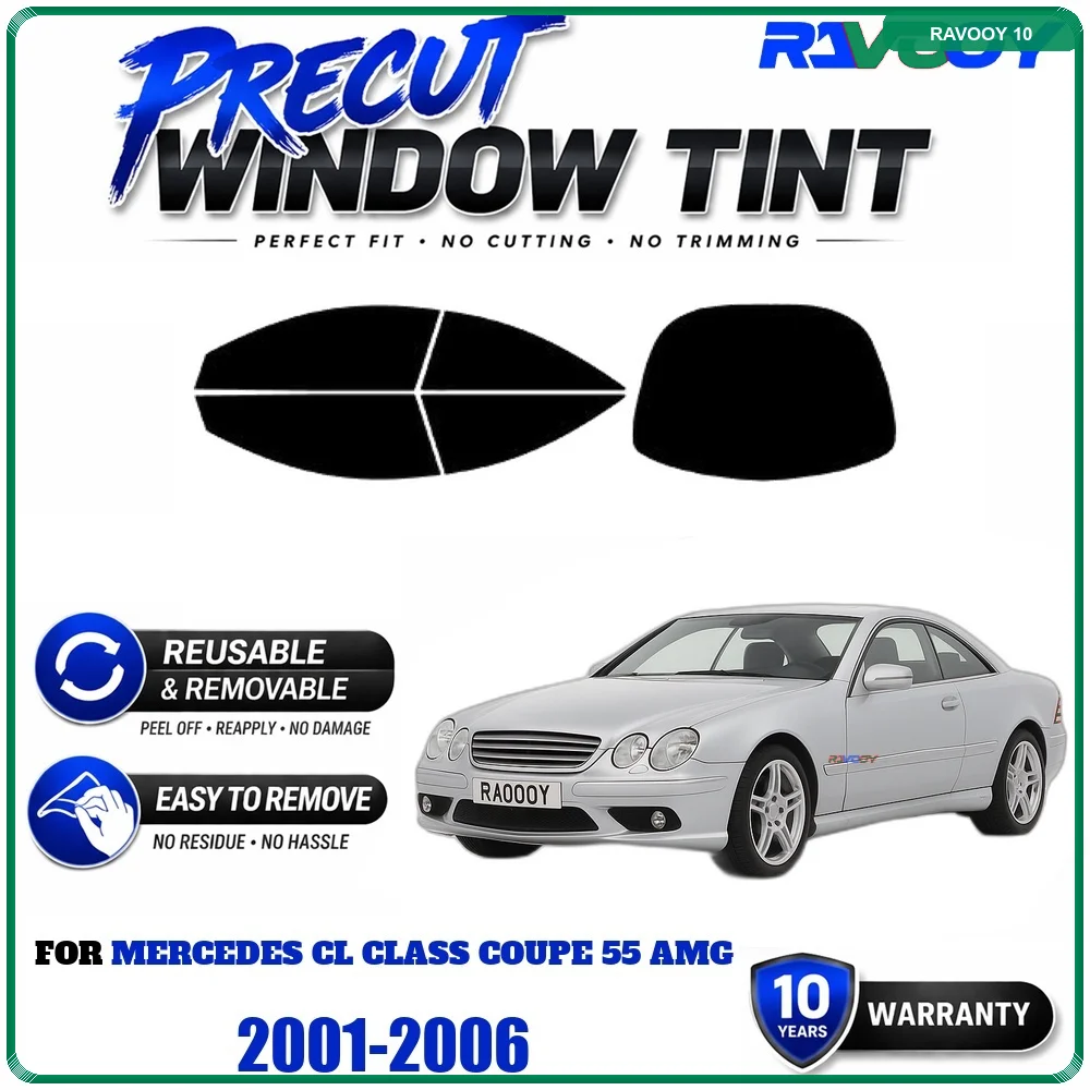Precut Window Tint, Reusable Removable EPU Film, Custom Fit for Mercedes CL Class Coupe 55 AMG 2001-2006, UV Heat Protection