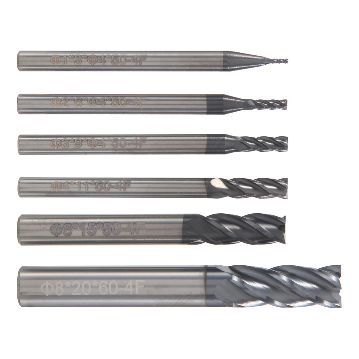 6ชิ้น4ร่องชุดดอกกัดสำหรับเหล็กกัด CNC คาร์ไบด์เหลี่ยมดอกเราเตอร์แบบเกลียวเส้นผ่าศูนย์กลาง (1 2 3 4 6 8มม.)