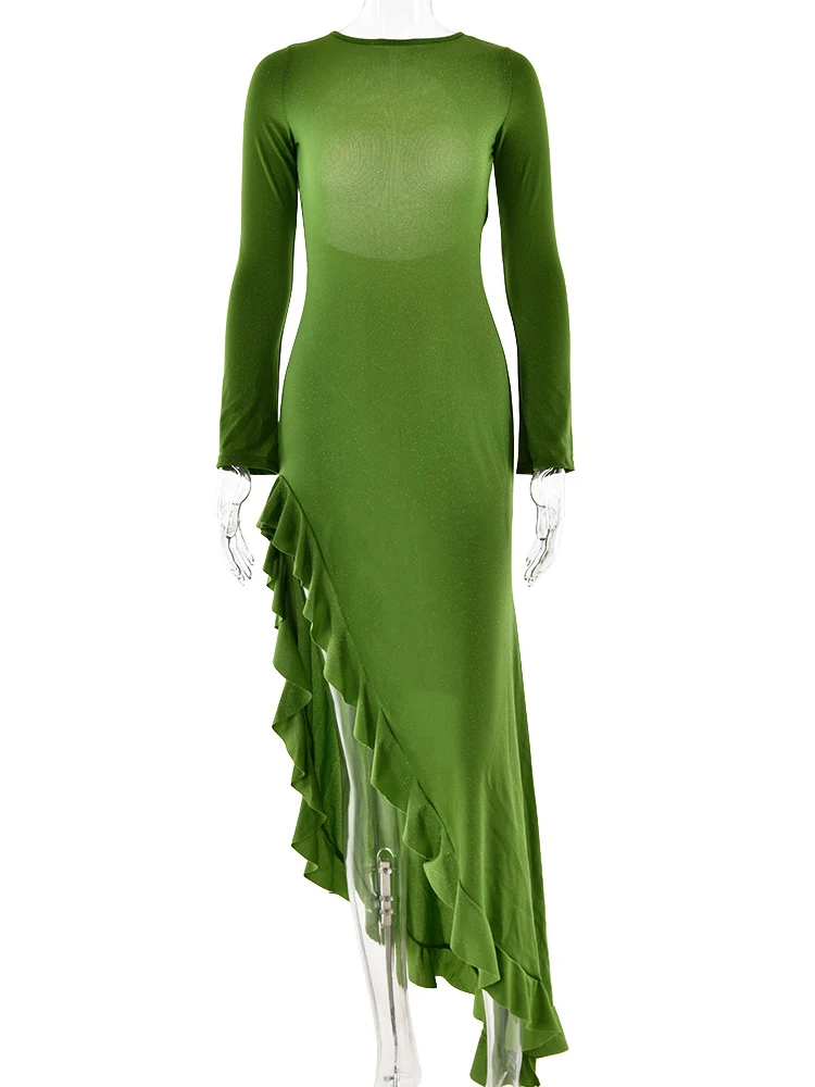 JULISSA MO Sexy Backless Bright Silk Shiny Women Maxi Dress Green Long Sleeve Evening Dress Summer Skinny Elegant Party Clubwear