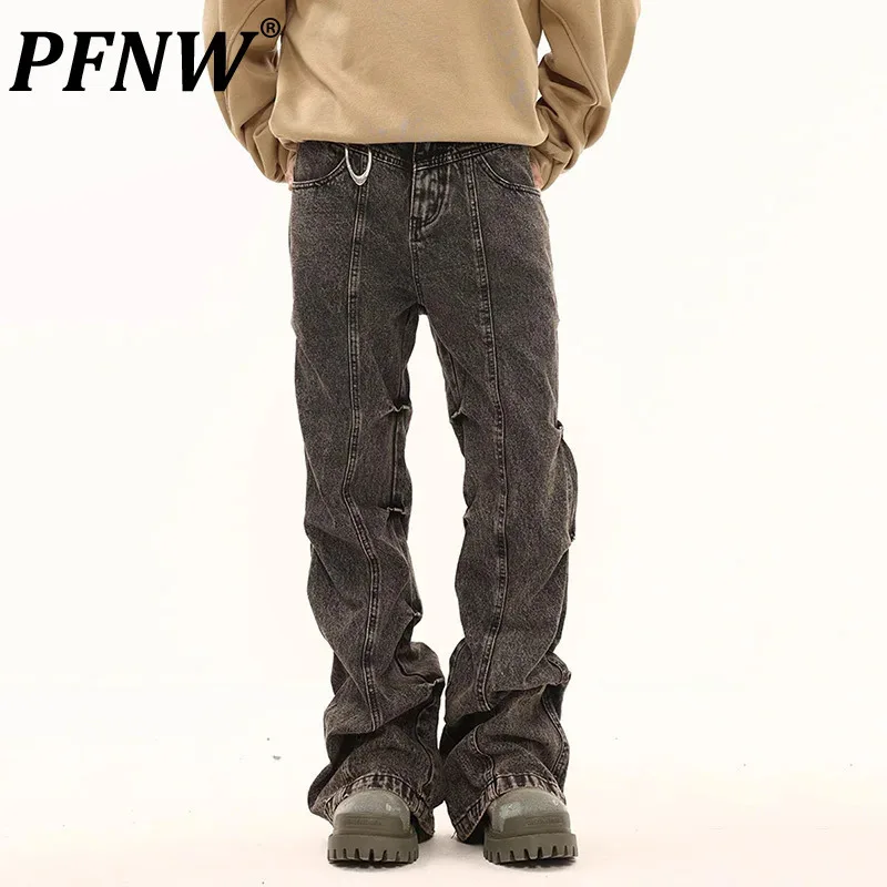 

PFNW High Street Men's Jeans Worn-out Pleated Solid Color Trousers Straight Wide Leg Male Casual Bottom Streetwear New 12C1025