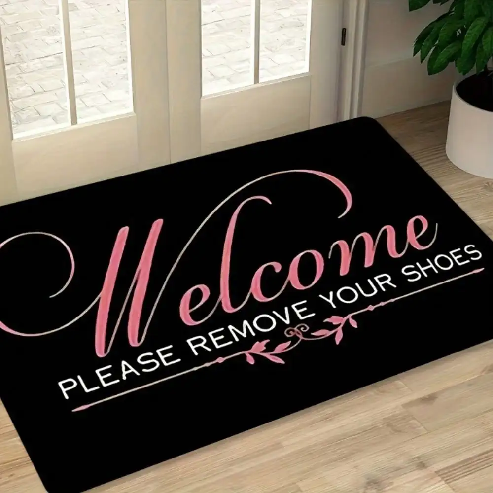 

"Welcome Please Remove Your Shoes" Funny Doormat - Black & Pink Lettering | Non-Slip Entry Mat | Indoor/Outdoor Entrance Decor