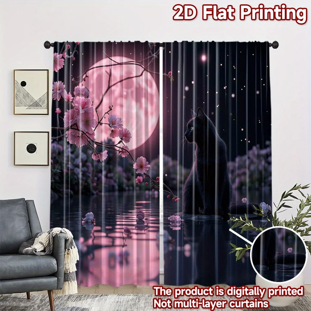 Romantic Night Sakura Moon Black Cat Curtain 2 Pack, Water Reflection Floral Print Drapes for Girls Bedroom Living Room Decor