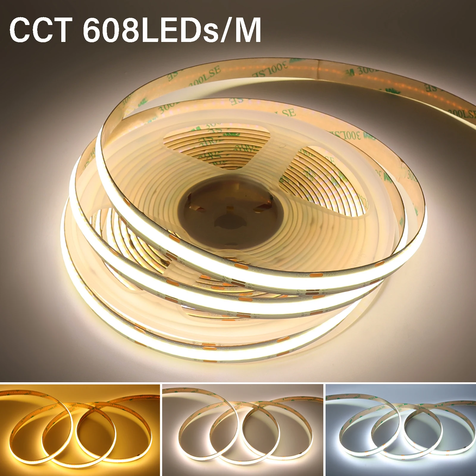 12V 24V COB CCT LED Strip Light 2700K to 6500K Changeable 608 LEDs/m High Density RA90 Dimmable Ribbon Flexible Led Linear Light