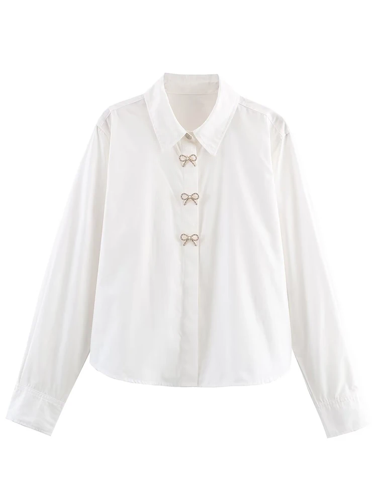 レディースレジャーシャツ 2025 秋 レディースファッション ジュエリーボタン 長袖 リボン飾りシャツ レディース ハイストリート エレガントシャツ