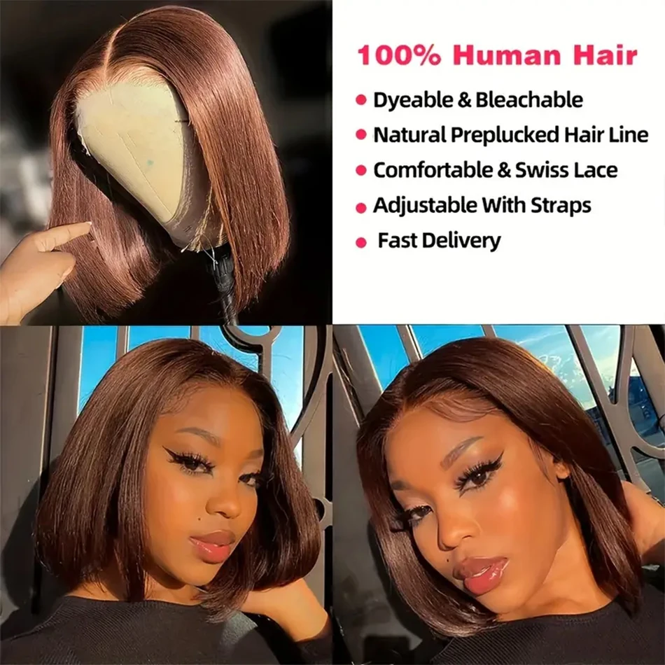 Chocolate Brown 13x4 Lace Front Human Hair Wig Transparent Lace Frontal Wigs Short Bob Wig Brazilian Remy Straight Natural Wig