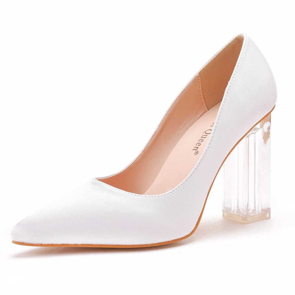 Crystal Queen Women Pumps Sexy Clear 10cm High Heels Square Transparent Shoes Ladies Summer White Silk Big Size 35-43