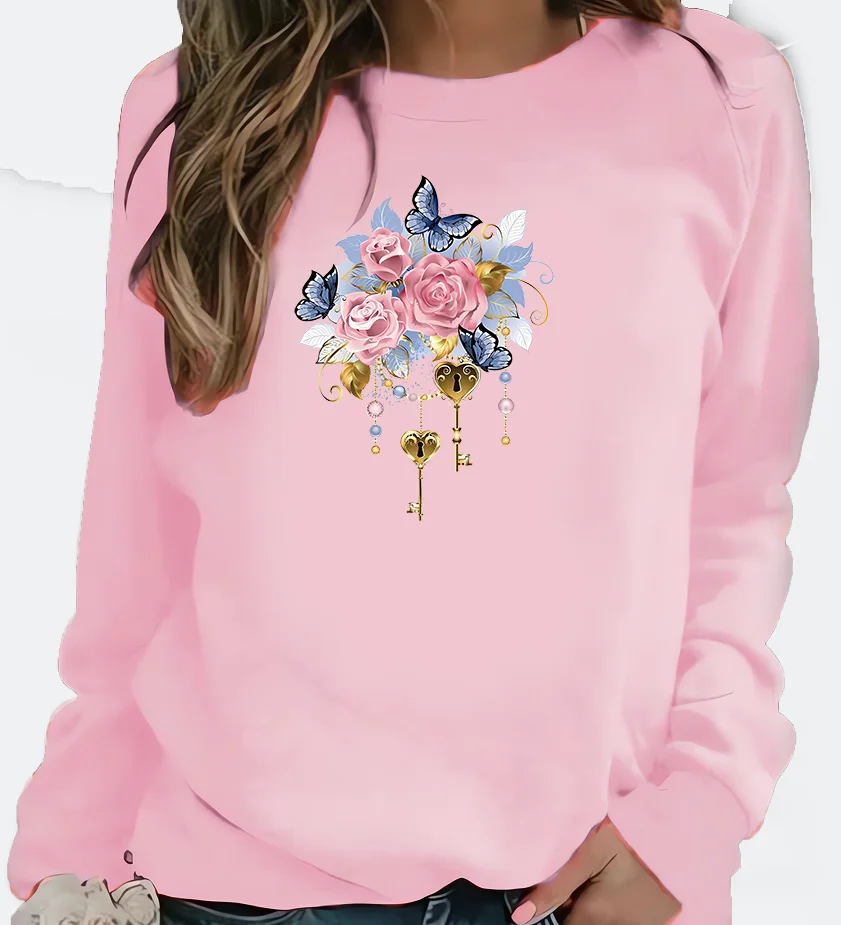 New Women's Hoodie European Butterfly and Flower Brushes  Printed Crew-neck Hoodie Sweatshirt  Streetwear Women Aesthetic