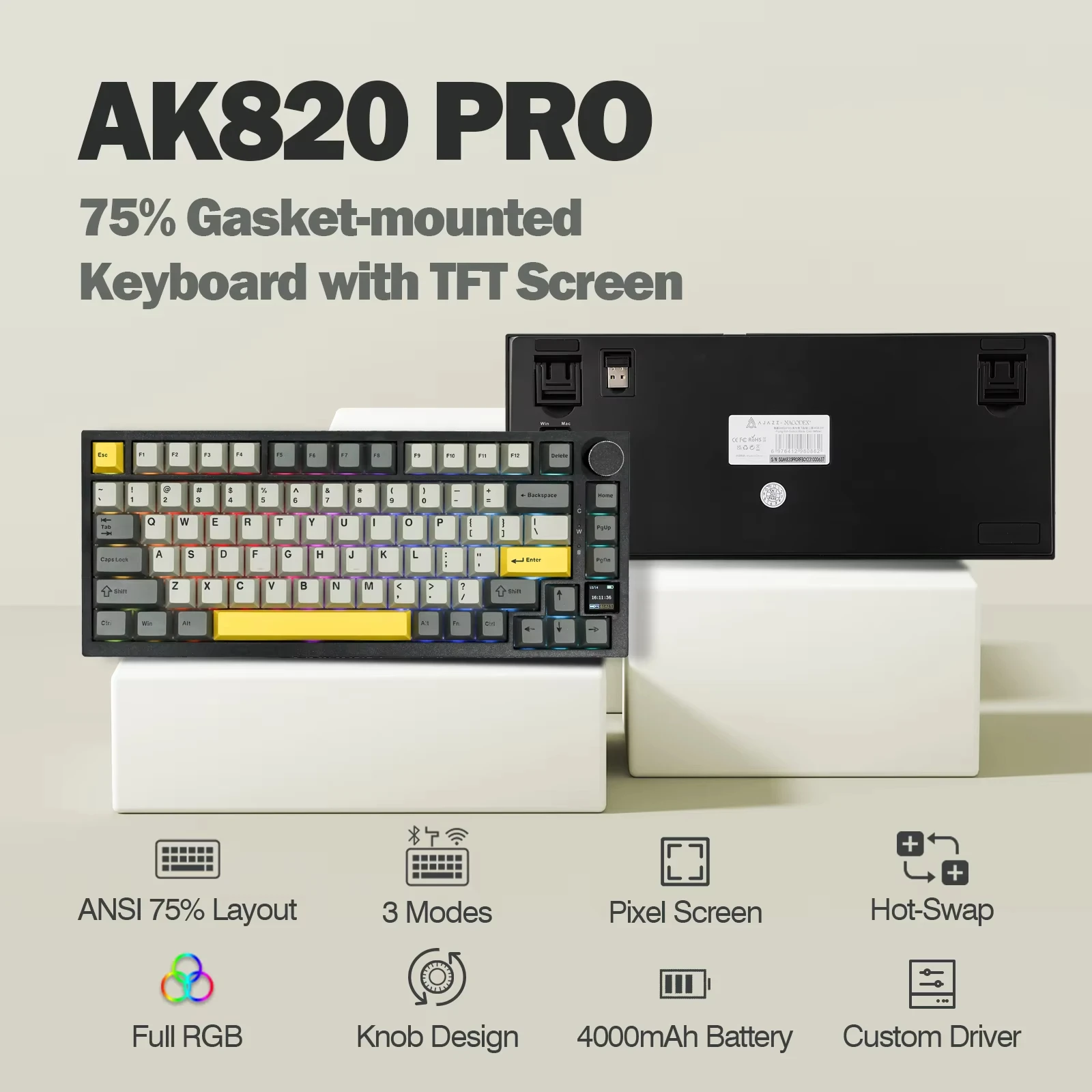Ajazz AK820 Pro 75% 가스켓 장착 유선/블루투스 5.1/2.4G 무선 기계식 키보드 (윈도우/맥용 TFT 화면 탑재)