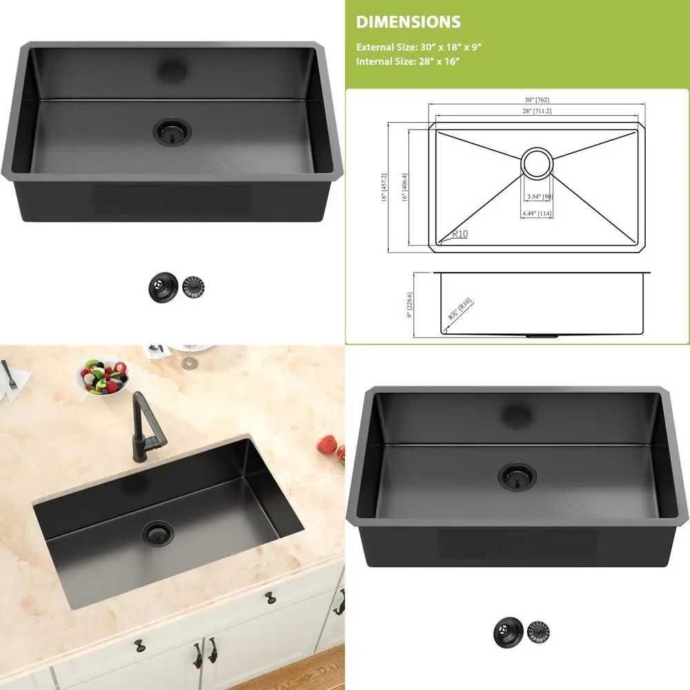 

Кухонная мойка Undermount 30 из черной нержавеющей стали, одинарная чаша, 18 калибр, 30x18x9 с сливным механизмом