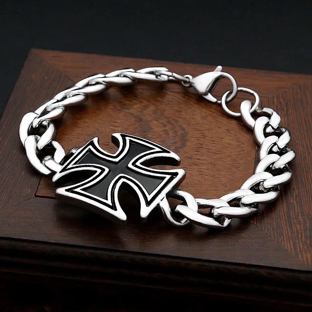 Knights Templar Iron Cross Bracelet Thick Cuban Chain Stainless Steel Vintage Punk Religious Jewelry Presents For Men Daily Wear