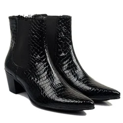 Black Leather Snakeskin Men Ankle Boots with Heels Pointed Toe Men's Fashion Chelsea Boots Slip On Work Shoes High-Top Shoe Male