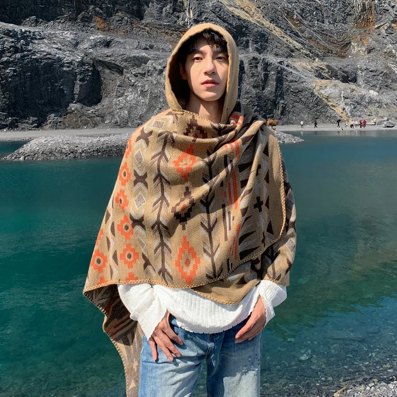 Men's Poncho Ethnic Style Hooded Cape with Hooded Scarf for Travel Cloak Photography and Warm Outerwear Gift