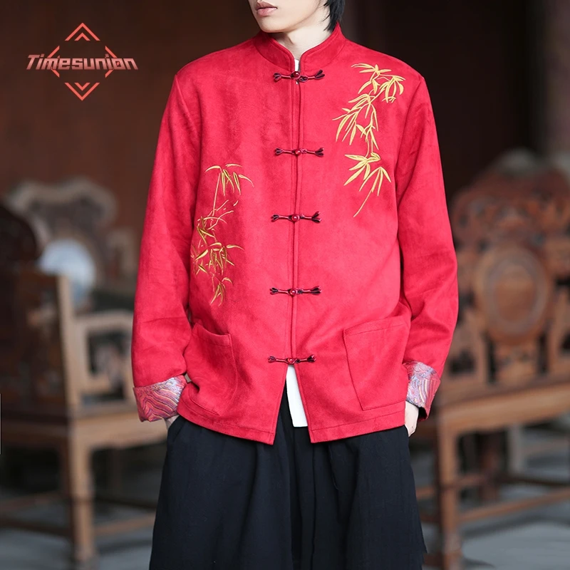 

Retro Chinese Red Bamboo Leaf Embroidery Suede Jacket Men's Casual Wear New Spring 2025 Pure Color Tang Costume Style