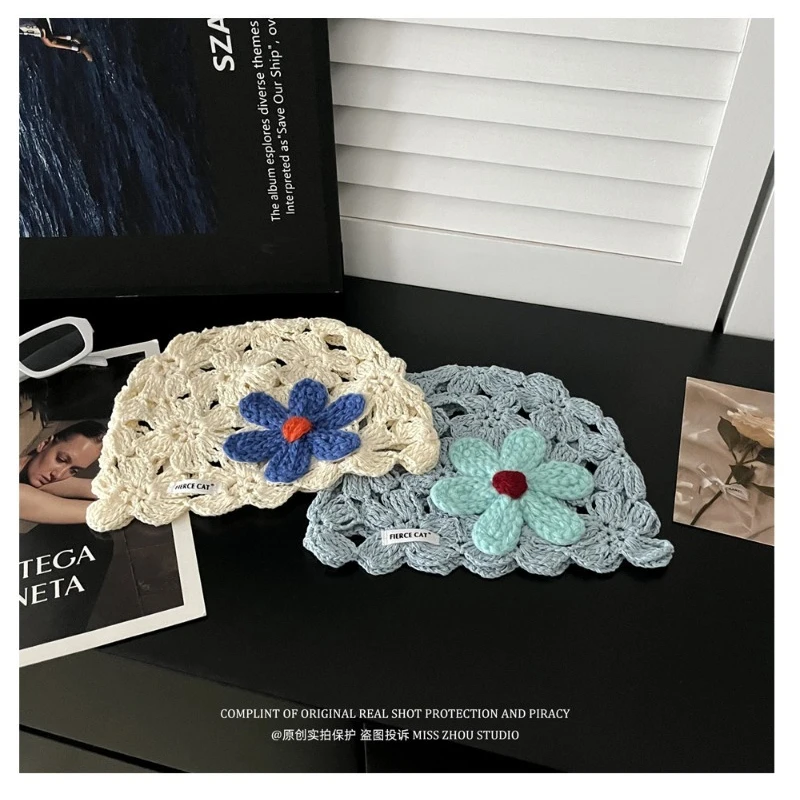 Korean Handmade Crochet Flower Cut-out Pullover Hat Women's Summer Thin Breathable Knit Hats Sweet Short Brim Beanie Caps 5