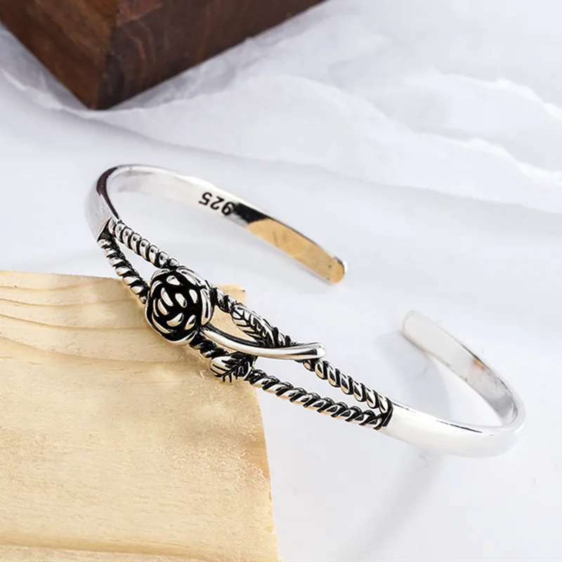 

PANJBJ 925 Sterling Silver Rose Flower Branch Bangle for Women Texture Retro Punk Double Layer Open Trend Jewelry Gift Dropship