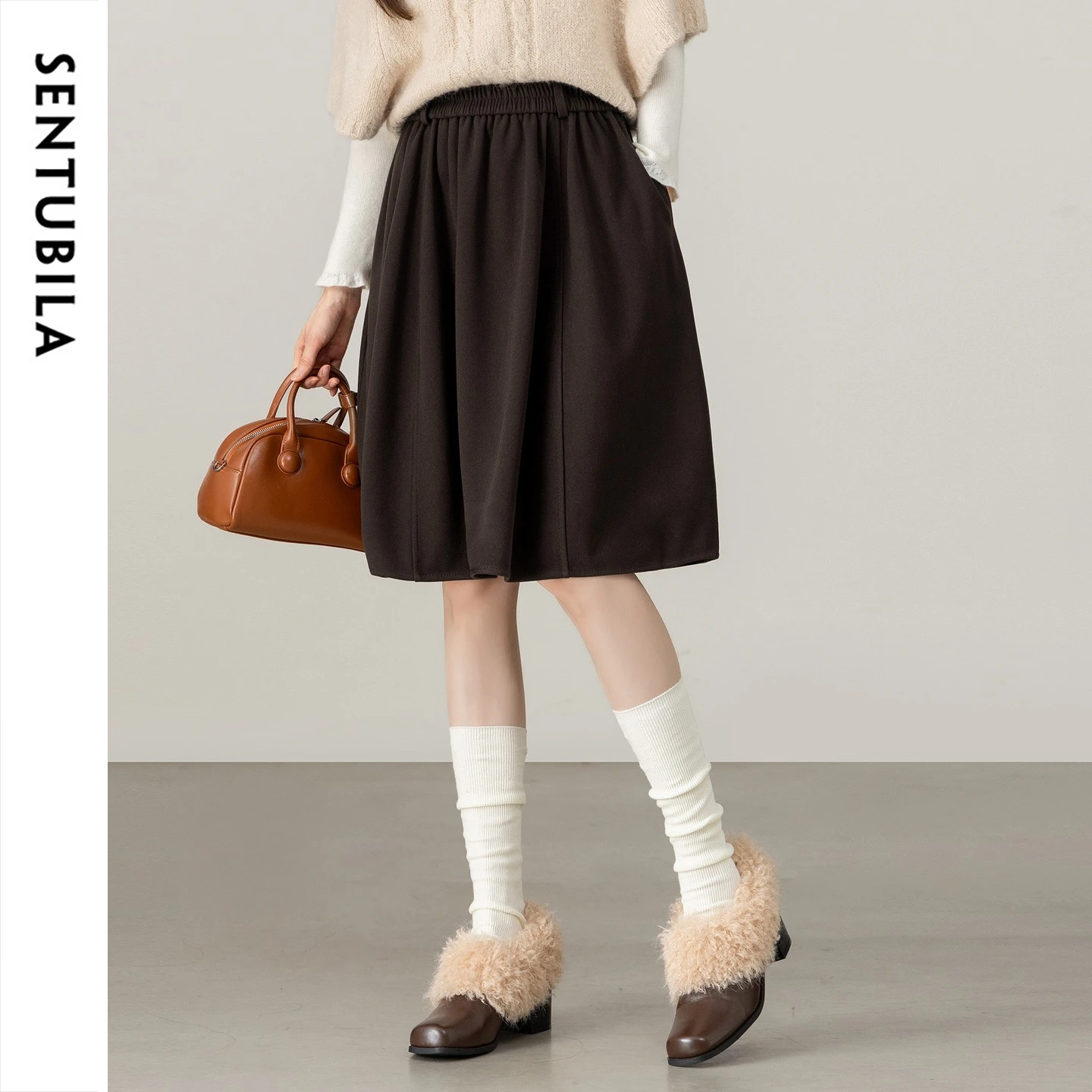 SENTUBILA Women's Woolen Skirt Winter Thick Knee Length 2026 A Line Elastic High Waist Commute Loose Tulip Line Skirt W64QP9551