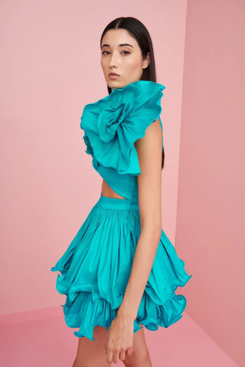 2025 Spring  Beautiful Blue Mini Dress Collection Pleated Tiered Short Prom Party Dresses Hand 3D Floral Women Birthday Dress