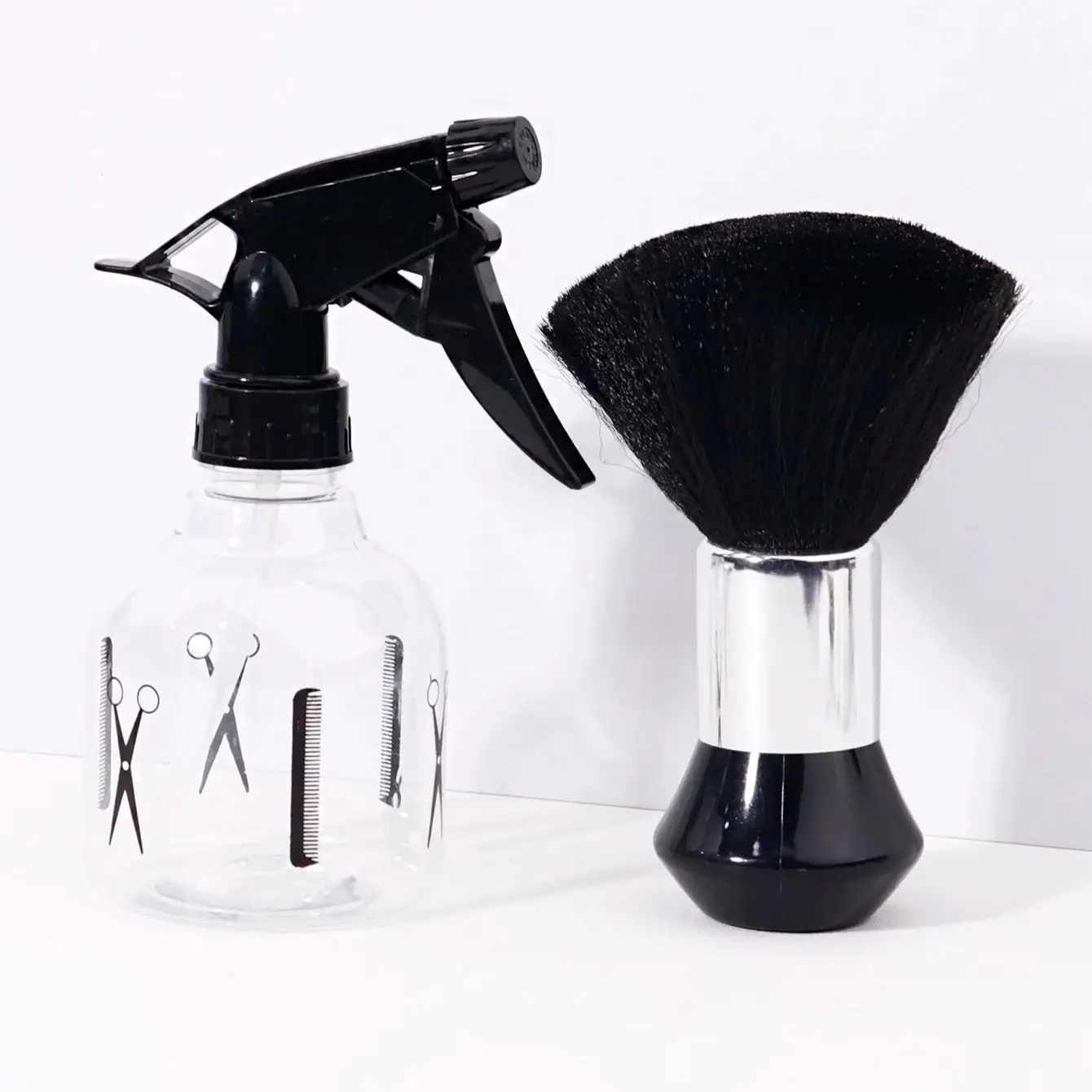 مجموعة أدوات صالون الشعر، فرشاة غبار رقبة الحلاق، زجاجة رذاذ حلاقة شفافة مقص حزام أيقونة، خاصة للشعر المستعار الحقيقي