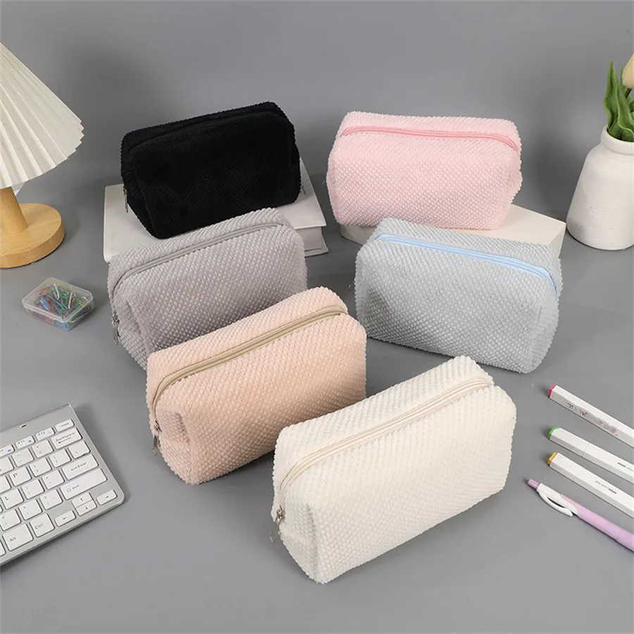 Solid Plush Cosmetic Lipstick Storage Bag Pencil Case Women Girls Makeup Handbags Travel Organizer Pouch Pen Bags Toiletry Kit