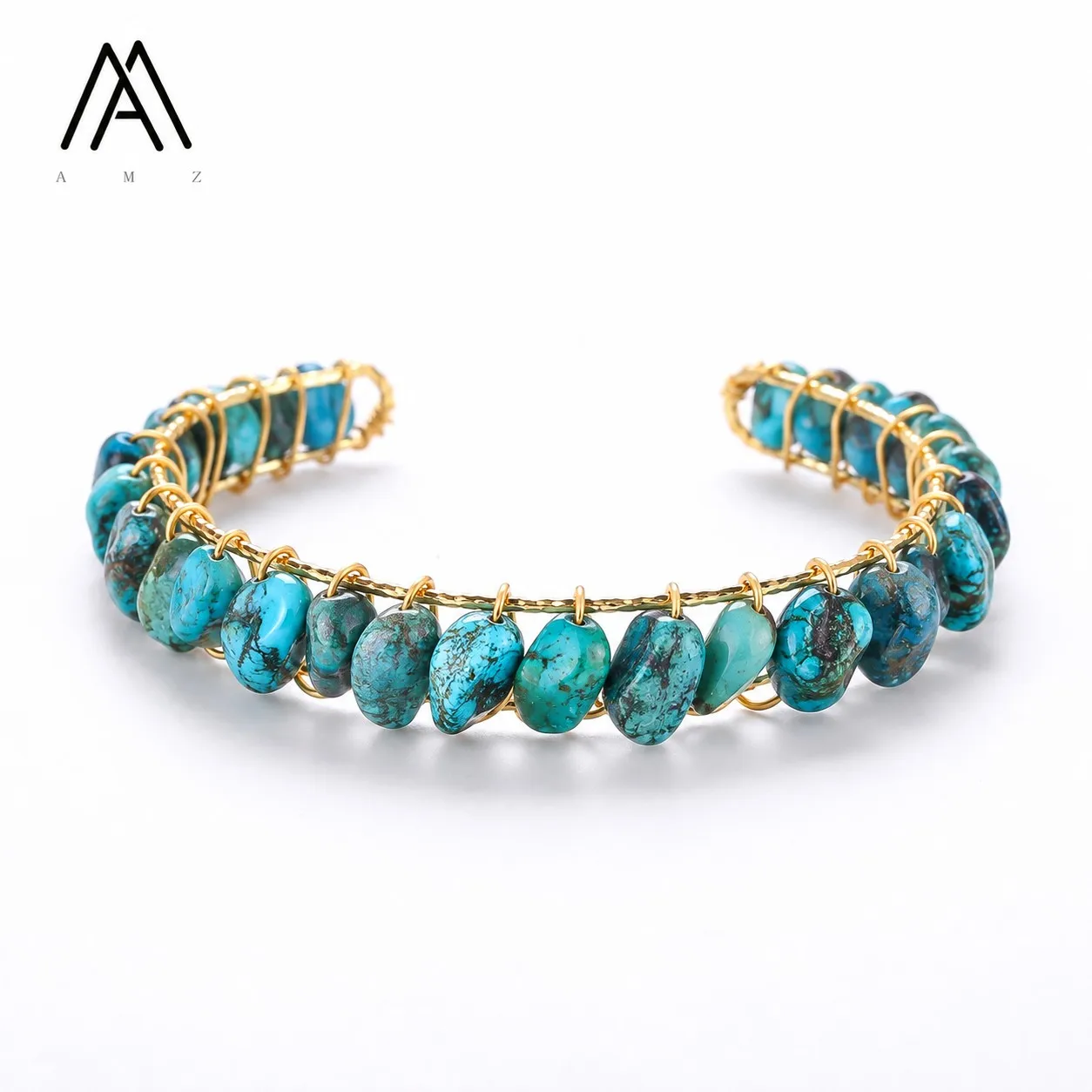 Chrysocolla Jasper Cuff Bracelet Women's Chips Stone Open Bangle Crystal Cuff 18K Gold Plated Daily Wea Statement Jewelry