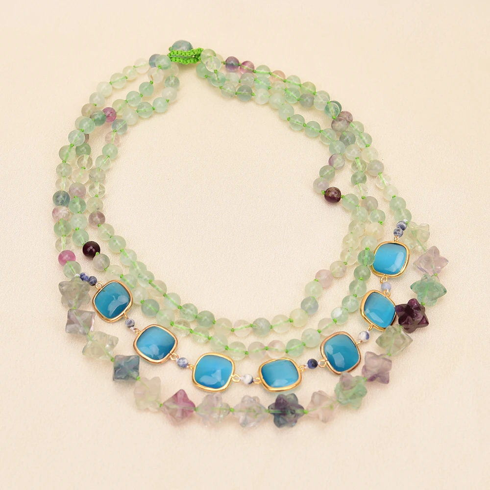 APDGG A83 Handmade 3 Rows Natural Mix Stone Green Fluorite Blue Cat eye Multi Strands Necklace