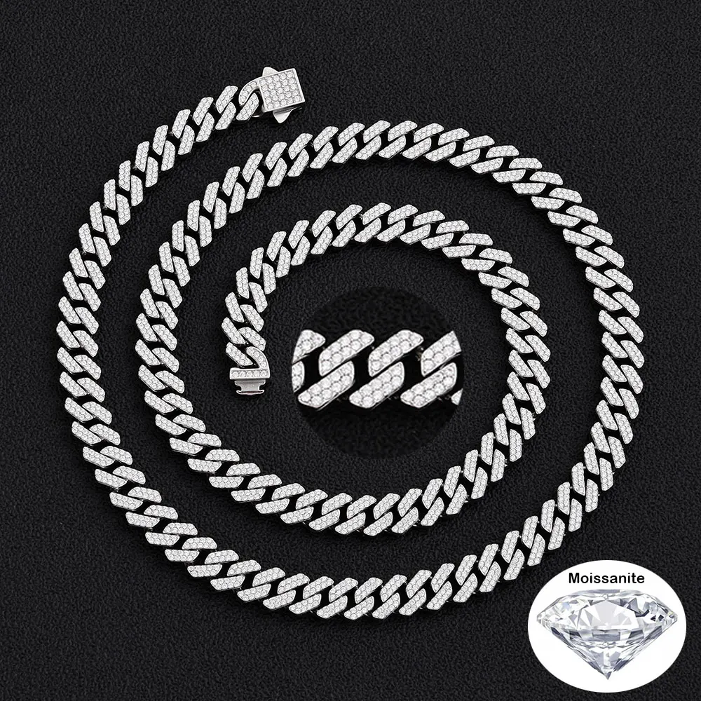 ESKEEM 8mm Width VVS1 Moissanite Cuban Chain Double Rows Iced Out Stainless Steel Spring Clasp Necklace Bracelet Men Women Gift