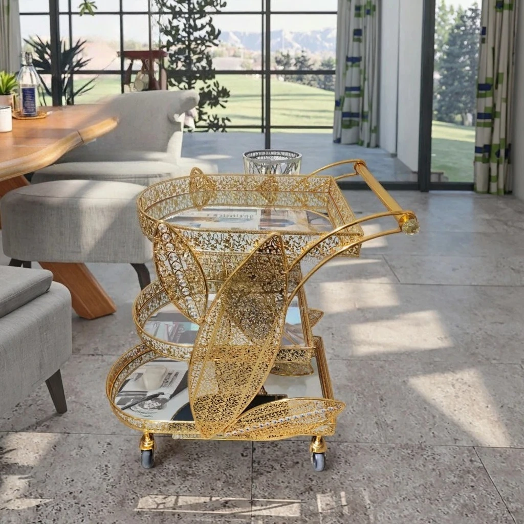 2025 New Arrival Customized European Style Metal Hotel Trolley Cart Modern Handmade Furniture For Kitchen Use Mirrored Wheel