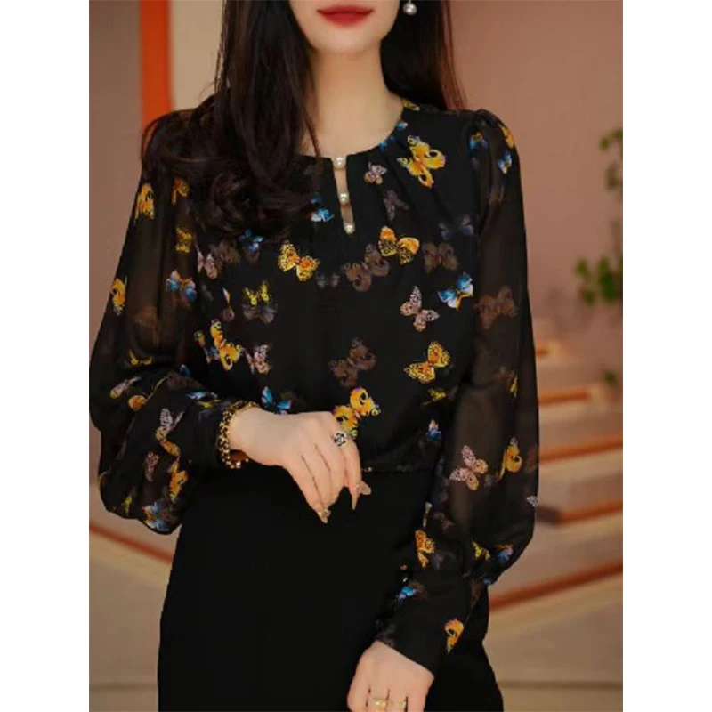 Spring Summer Floral Printing Long Sleeve Elegant Chiffon Shirt Female Casual Fashion Vintage Loose All-match Blouse Top Women