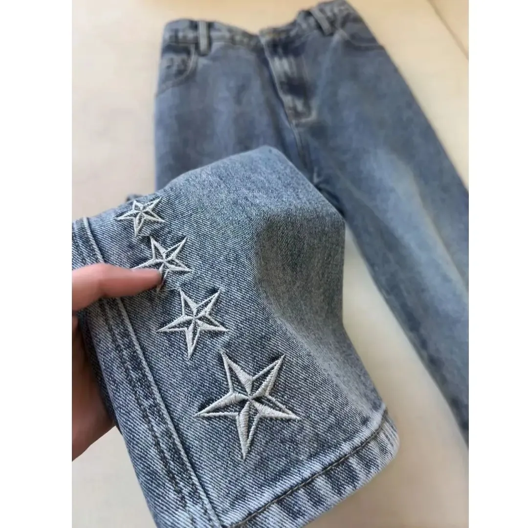

Retro American Washed Star Embroidery Loose Straight Leg Wide Leg Jeans Blue Korean Style Y2K Men's Denim Pants