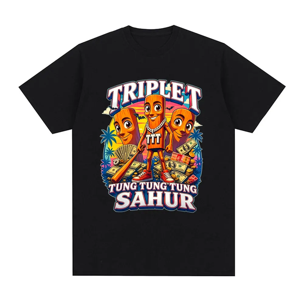 Italian Brainrot Triplet Tung Tung Tung Sahur Funny Meme T-shirt Men Women Clothing Casual Humor Harajuku Short Sleeve T Shirt