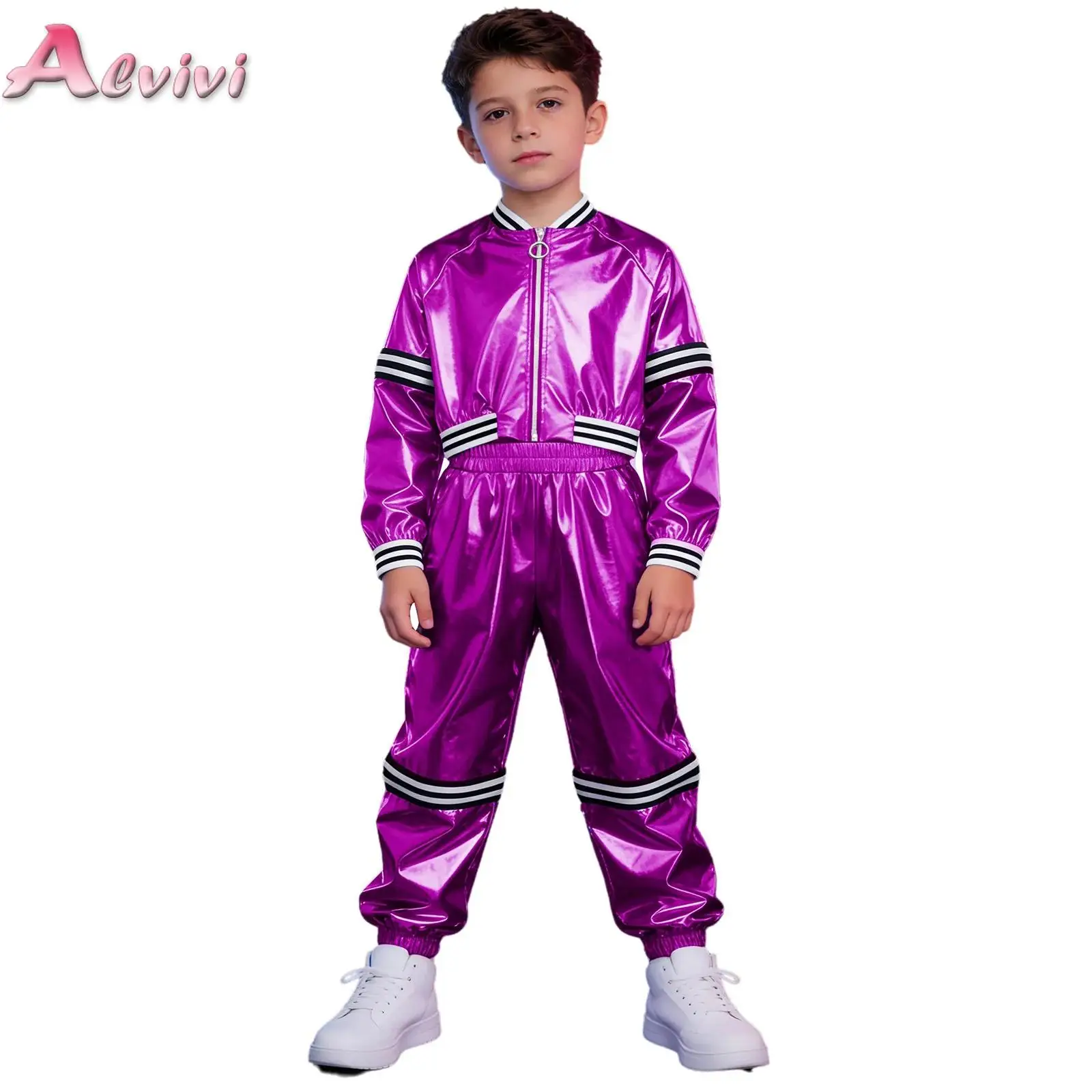 

Детский металлизированный комплект одежды для мальчиков и девочек: танцевальный костюм в стиле хип-хоп, куртка на молнии с отстегивающимися рукавами в полоску и брюки