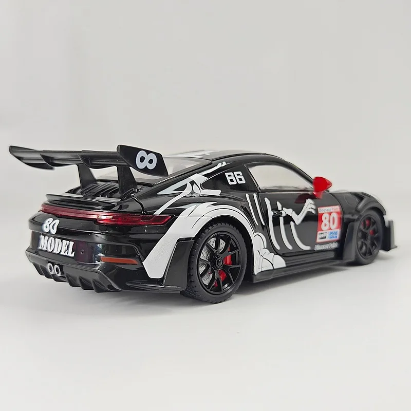 1:24 Scale Alloy 911 GT3 RS Model Unique Dinosaur Paint Job Built In Steering Pull Back Interesting Educational Kid Play Vehicle view 2