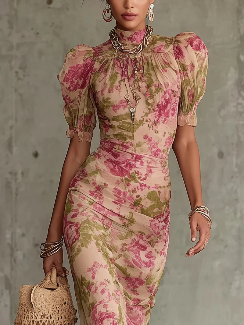 

Sexy Slim Long Dress Summer Fashion Printed Casual Versatile Short Sleeve Spliced ​​Half Turtle Collar Ruffled High Waist Dress