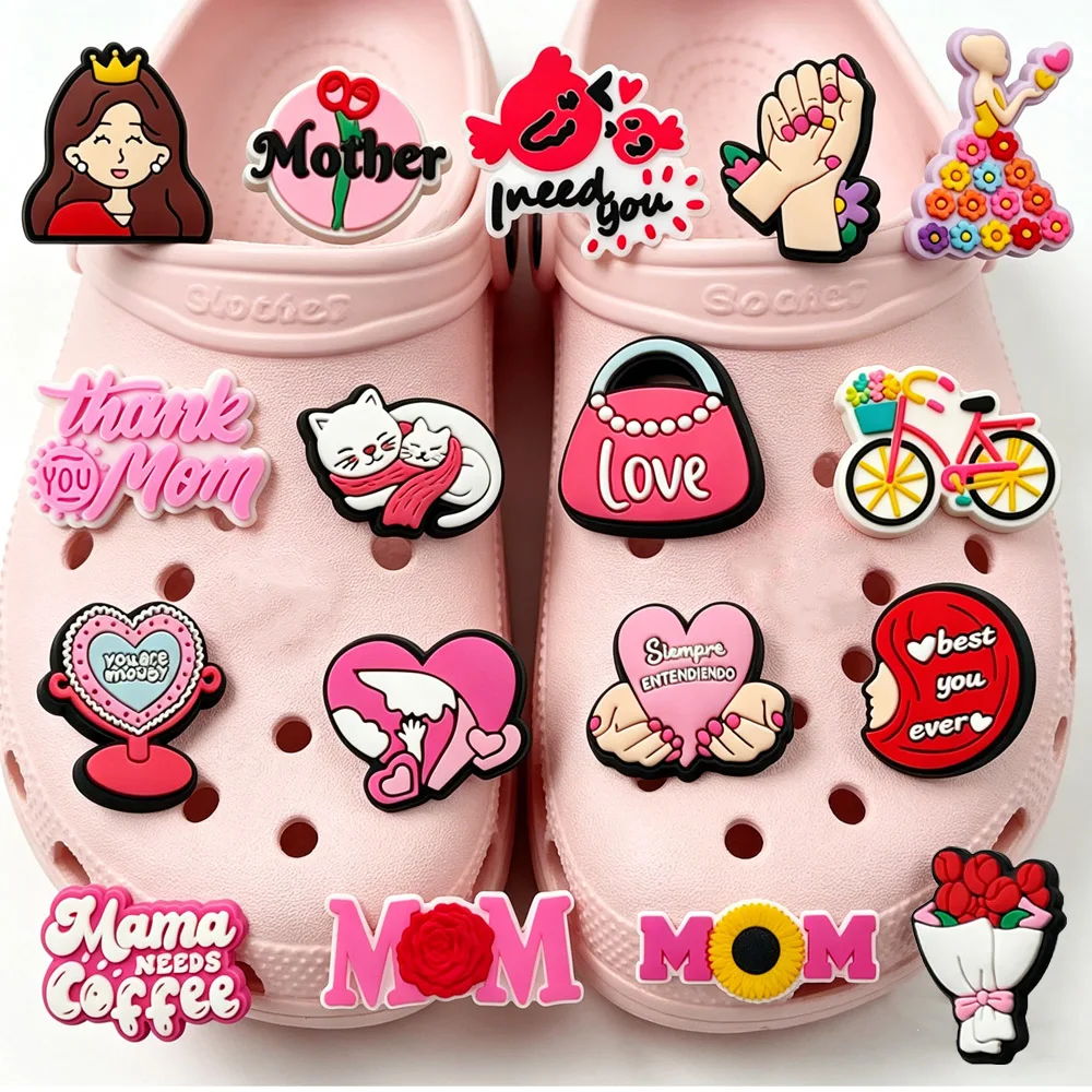 New1-17pcs Cartoon Mother's Day Series PVC Shoe Accessories PVC Sandal Wristbands Decorations Shoes Ornaments Buckle party Gifts