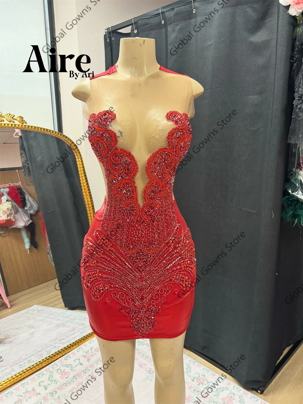 Red Sheer O N Short Prom Dress 2026 For Black Girls Glitter Bead Crystals Rhinestones Shiny Mini Cocktail Party Gown Customized