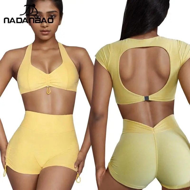Nadanbao Fashion Pink Yellow Yoga Suit Women's Hollow Short Sleeves Top Pad High Waist Shorts Hip-Lifting Sports Fitness Pants