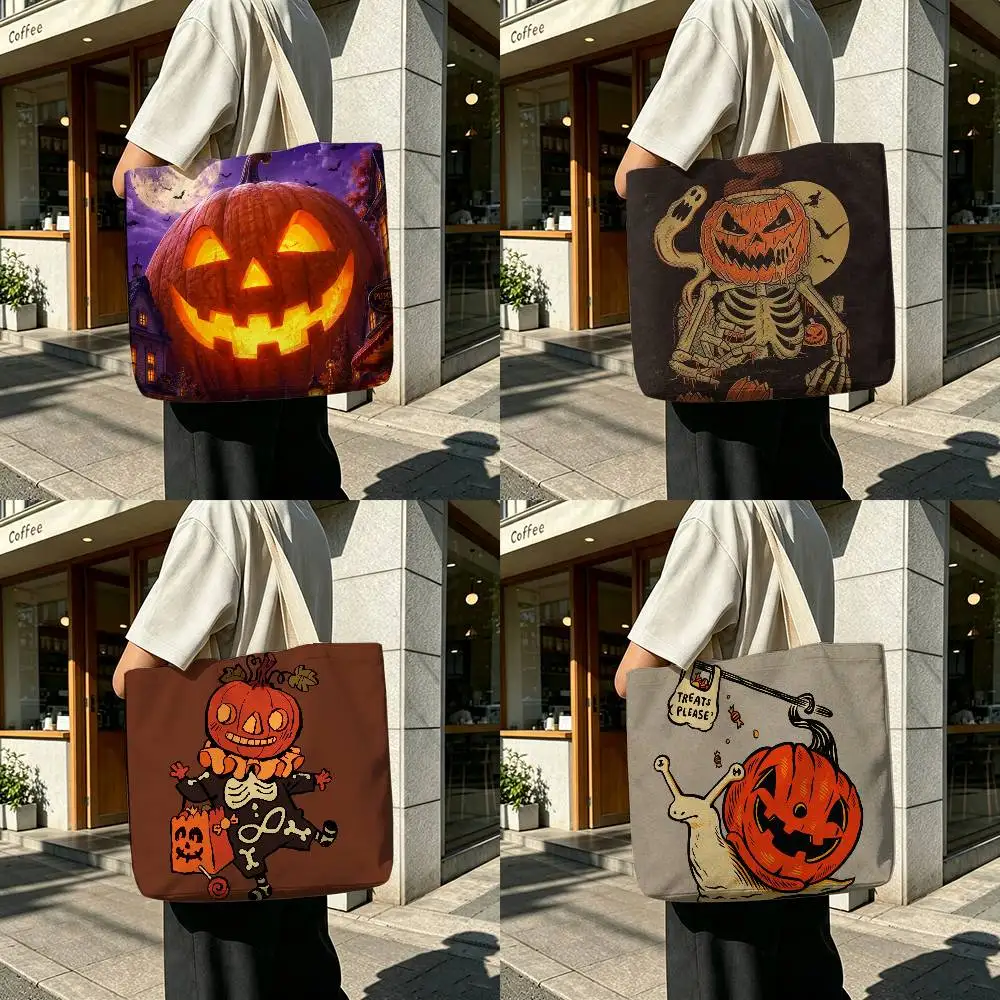 Halloween Printed Canvas Shoulder Tote Bag for School Work and Commute