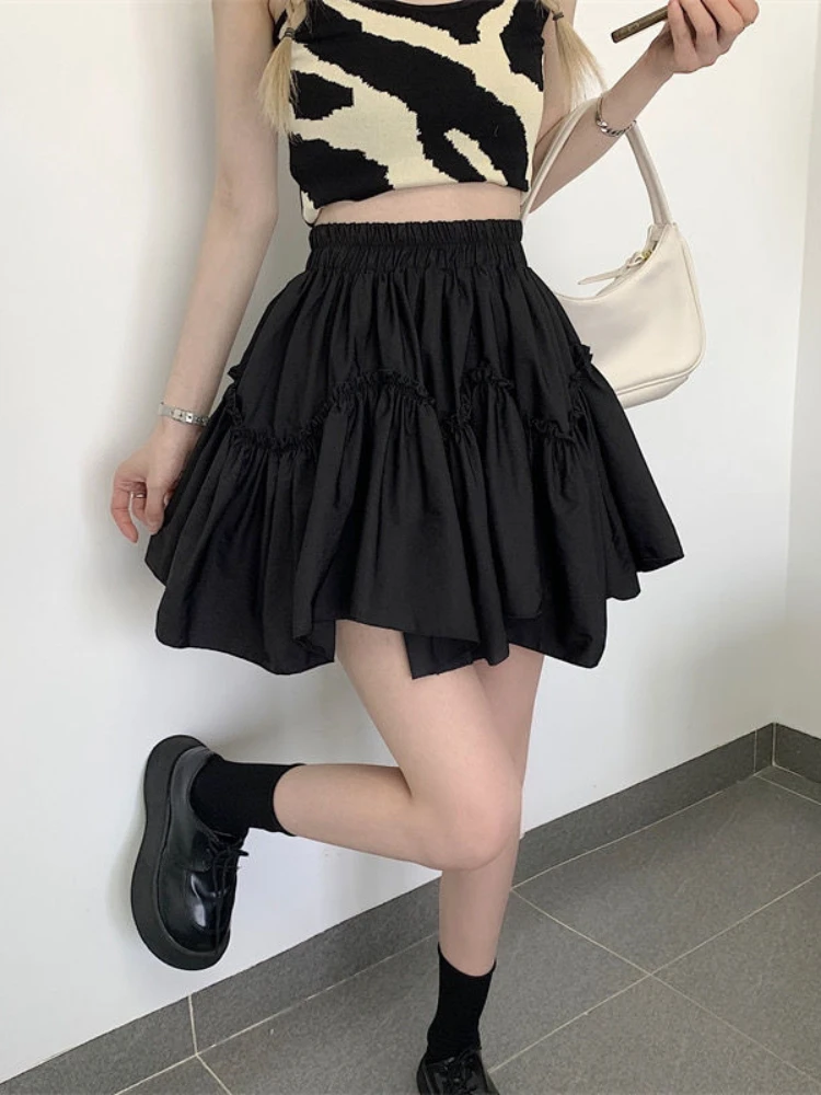 HOUZHOU Kawaii Mini faldas mujeres blanco hongo Patchwork verano 2024 dulce lindo Falda plisada negro gótico Lolita estilo Preppy Y2k