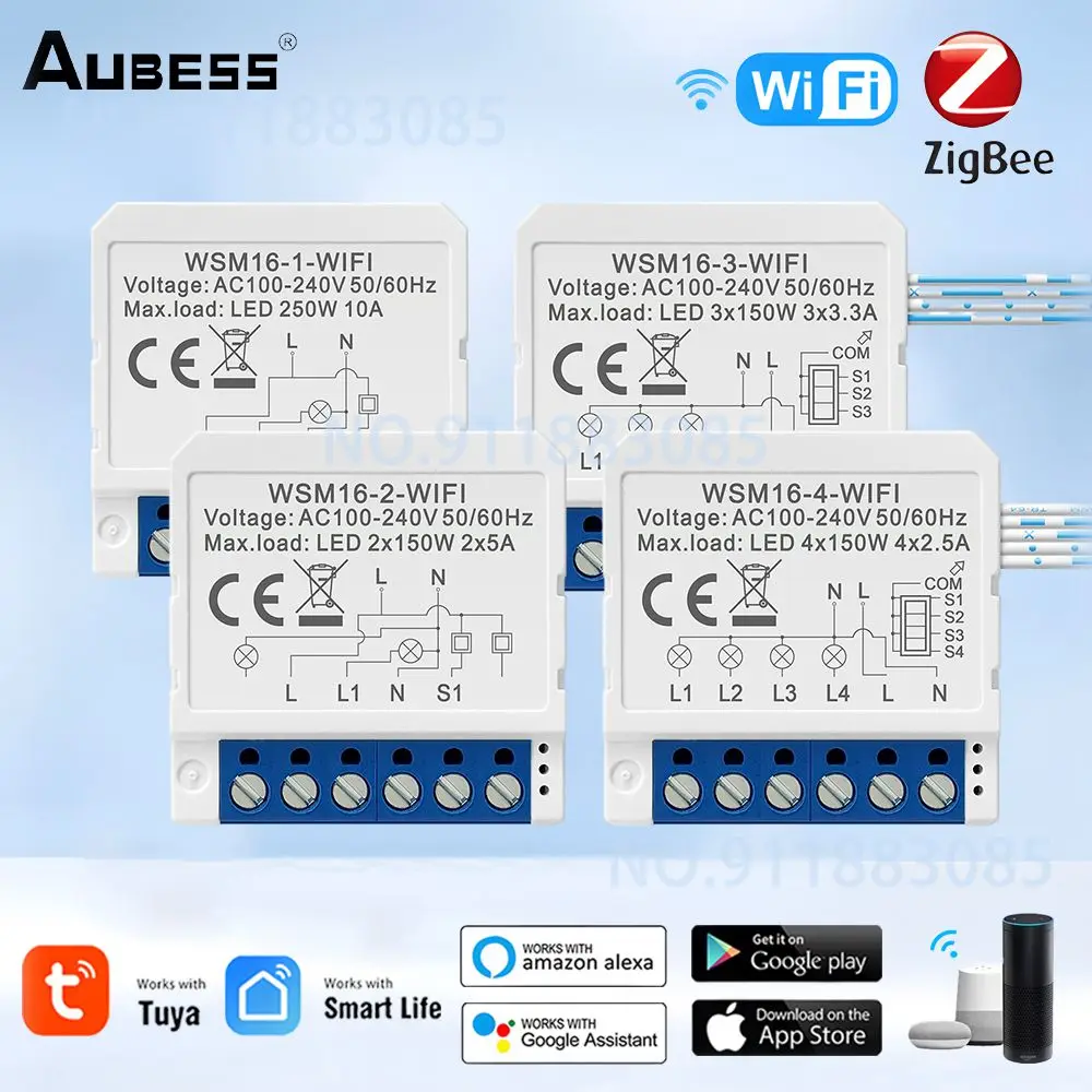 

Мини-переключатель Tuya Wi-Fi Zigbee, не требует нейтрального провода, с двумя каналами управления, умный быстродействующий модуль, автоматический выключатель времени для Alexa Google