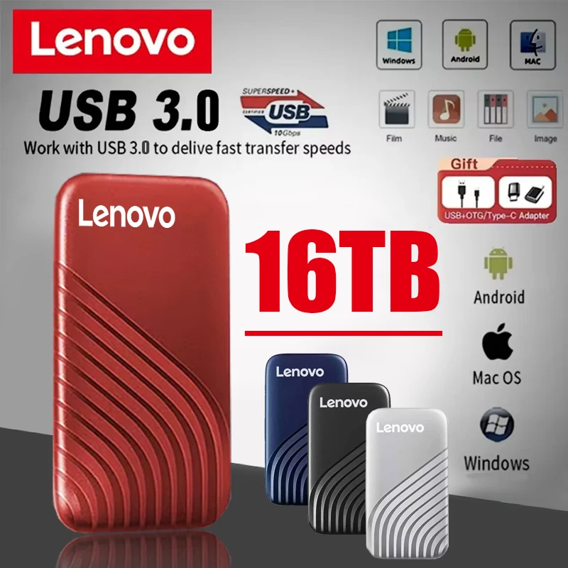 

Внешний твердотельный накопитель Lenovo 16 ТБ, портативный SSD, USB 3.0 Type-C, высокоскоростное хранилище для ПК и Mac