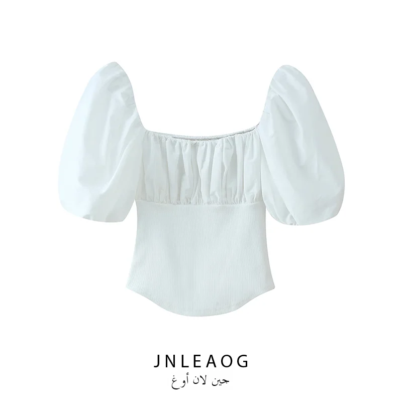 JNLEAOG Summer New Women's Fashion Balloon Sleeve Patchwork Top Versatile Polyester Short Sleeve Shirt European Style