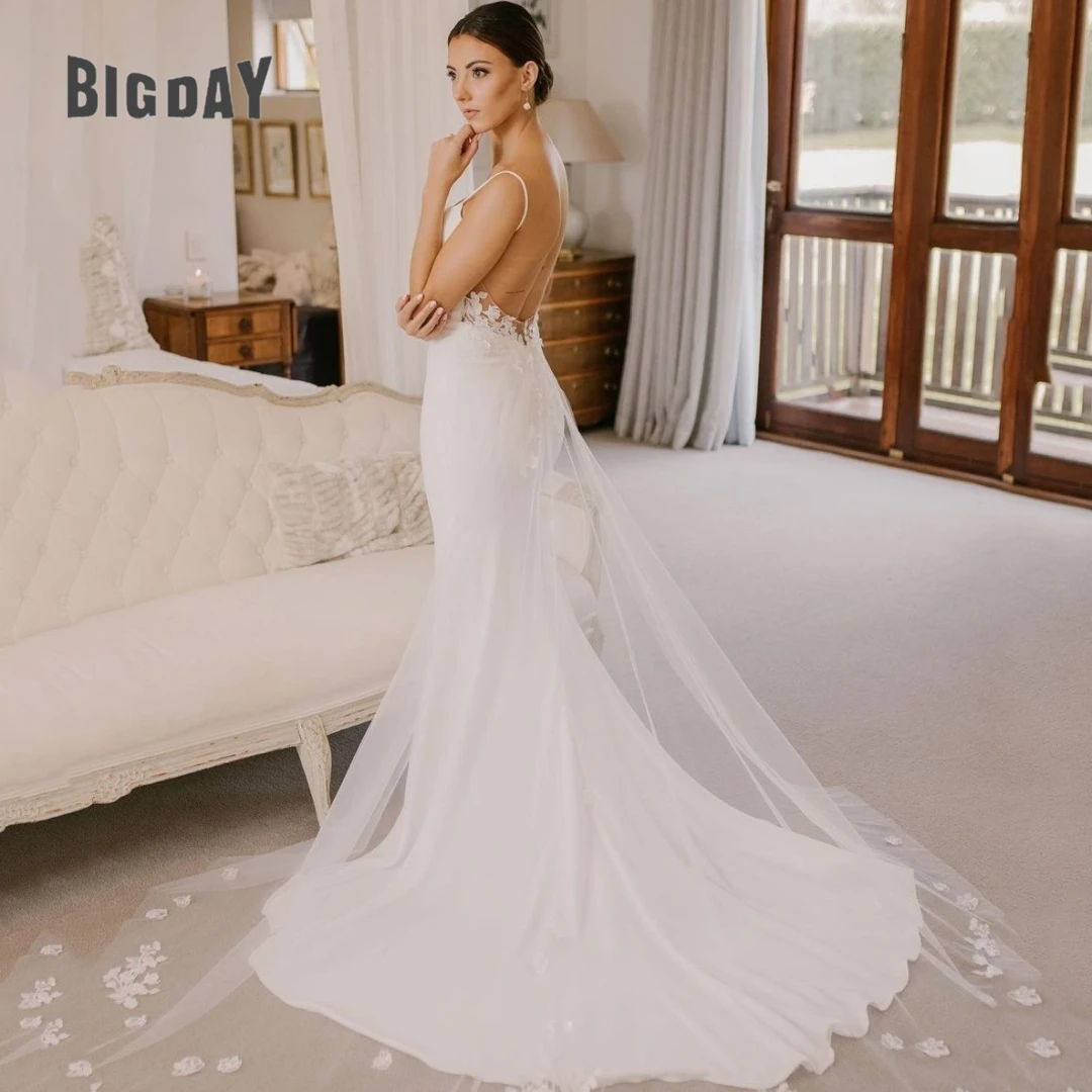 Robe de mariée sirène simple pour femme, dos ouvert spaghetti, col bateau, mariée en fibre de train, quelle que soit la robe de mariée personnalisée